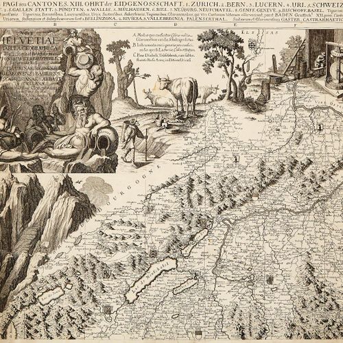 Null 瑞士四叶铜雕地图。1712年。"Nova Helvetiae Tabula Geographica Illustrissimis et Potenti&hellip;
