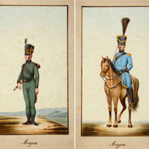 Null 两幅水粉画 "军队成员" 19世纪的 "阿尔高军队成员"。纸上水粉画。两者都没有签名。每件都刻有 "Aargau" 高度：24.5厘米 宽度：14厘米