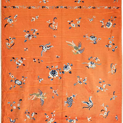 Null Grande tapisserie Chine 19e s. Soie rouille en deux bandes. Brodé en soie p&hellip;