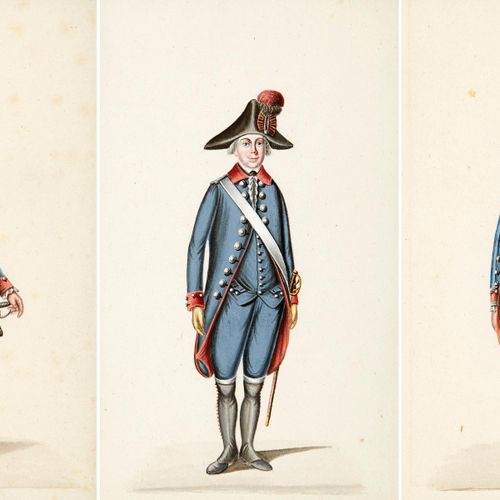 Null Three gouaches "Members of the army" 19th c. "Bernese army members". Gouach&hellip;