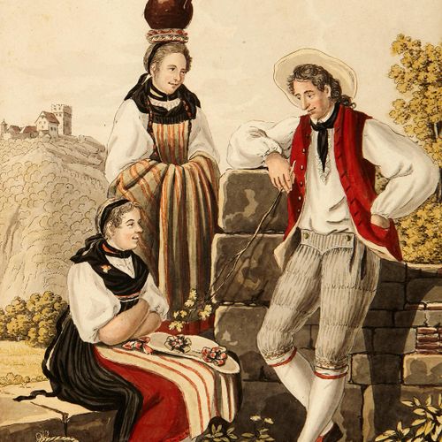 Null Swiss traditional costumes Six colored outline etchings Height: 20.5cm each&hellip;