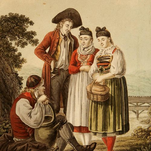 Null Costumi tradizionali svizzeri Sei incisioni di contorno colorate Altezza: 2&hellip;