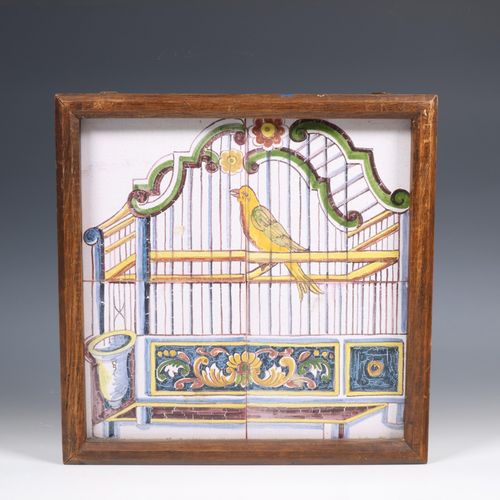 Makkum, vier pas vogelkooi tegeltableau, 19e eeuw; 马克库姆，四通鸟笼瓦片，19世纪；IN橡木框架。