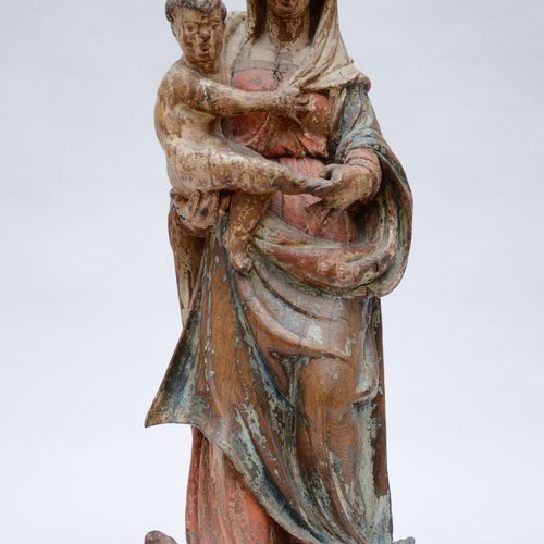 Null Sculpture en bois polychromé 'Vierge à l'enfant' (88x33cm)