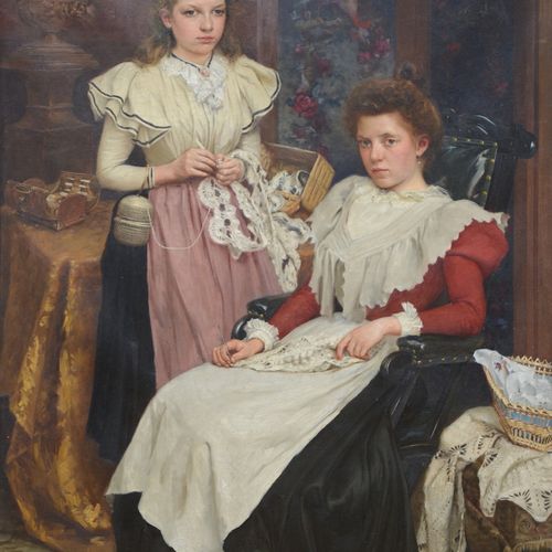 Null Hoste 1898 : grand tableau (h/t) 'filles dans un intérieur' (200x132cm)