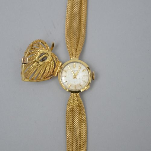 Null Montre de dame en or jaune des années 1960 (18 kt) +broche en or jaune 'plu&hellip;