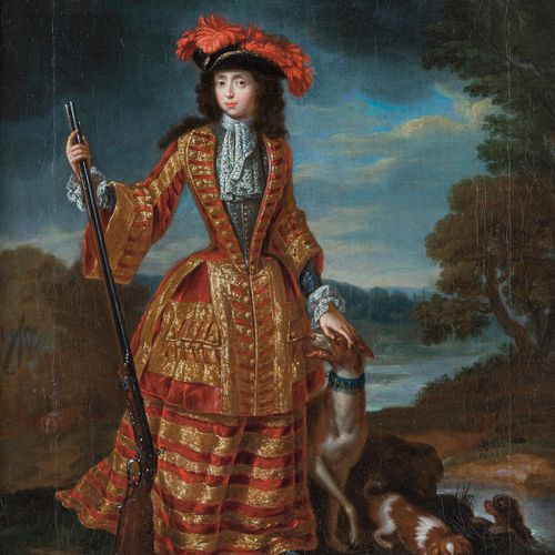 Null 德国学校，可能是柏林或波茨坦，18世纪，一个贵族夫人作为女猎人的肖像。布面油画，双倍，来自一位退休的艺术史学家和博物馆馆长的遗产，48 x 39厘米