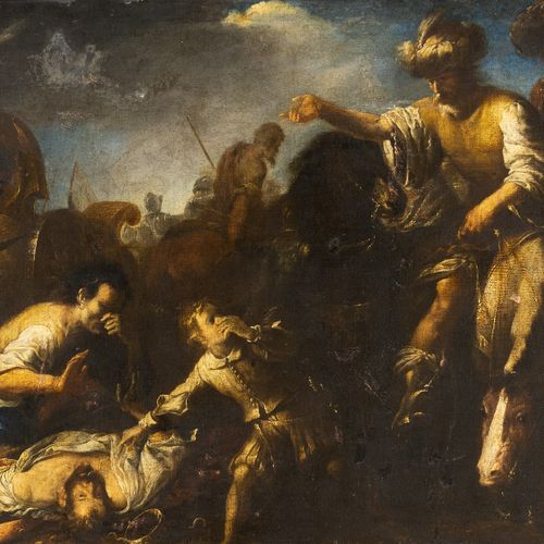 Null 热那亚学校，17世纪，一位将军在与东方人的战斗中死亡。布面油画，双幅，来自南德的一个老收藏。这幅画深受Orazio de Ferrari和Gioacc&hellip;