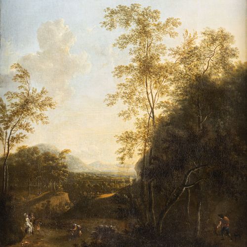 Null Moucheron, Frederic de, Emden 1634 - Amsterdam 1686, 宽阔的森林景观，有旅行者和农民。布面油画，双&hellip;
