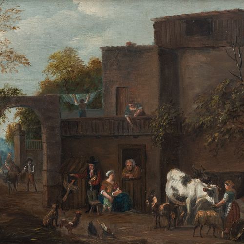 Null Scuola fiamminga, XVII secolo, famiglia contadina con animali nel cortile d&hellip;