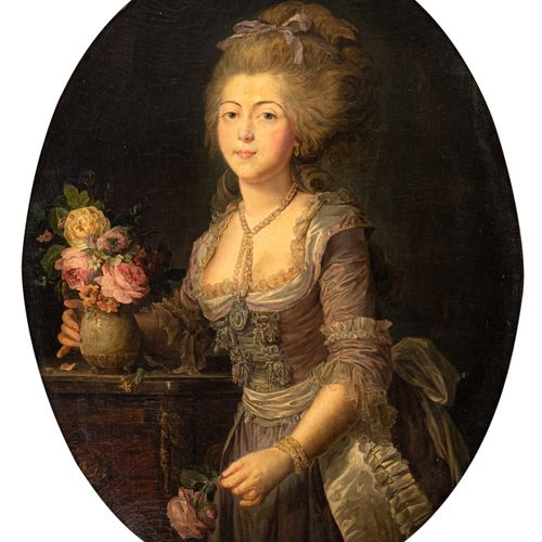 Null 瓦拉耶-科斯特，安妮（继承人），巴黎，1744年-1813年，阿德莱德-热内的肖像，奥吉埃夫人，玛丽-安托瓦内特的侍女，站在坐便器前，手持鲜花。油/水&hellip;