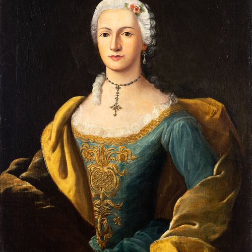 Null 德国学校，18世纪，身穿蓝色礼服的女士肖像，有蕾丝边和金色锦缎。油/白，双色，来自一个重要的巴伐利亚收藏，在1950年和1990年之间收集，85 x &hellip;