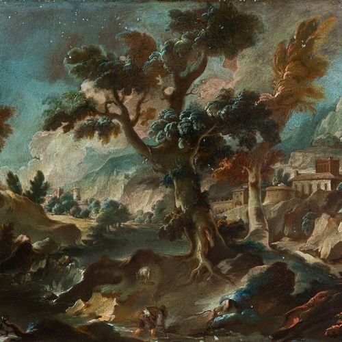 Null Scuola veneziana, XVIII secolo, Paesaggio fluviale nuvoloso con architettur&hellip;