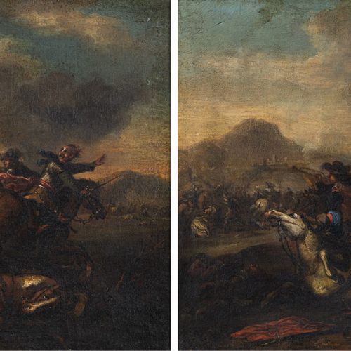 Null 库尔托瓦，雅克（圆），圣希波利特1621年-罗马1675年，两场马术战斗。对应的人。油彩/水彩，双色，, 39 x 49 cm