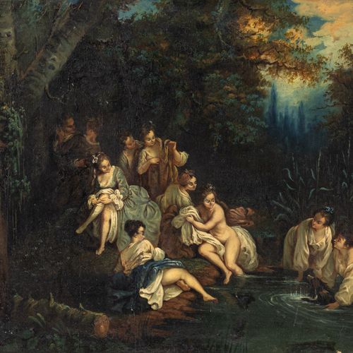 Null 法国，18世纪，女士浴室。油/彩绘，双色，, 46 x 55 cm