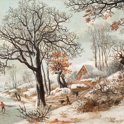 Null 海尔，丹尼尔-范，布鲁塞尔1604 - 1664年，在冰冻的河边与农民一起的宽阔的冬季风景。油/画/纸板(?)/画，来自莱茵地区的一个私人收藏，在19&hellip;