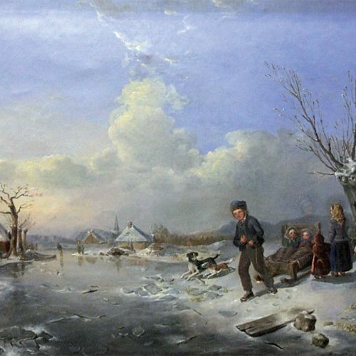 École RUSSE du XIXe siècle Famille traversant un lac gelé. Huile sur toile, port&hellip;