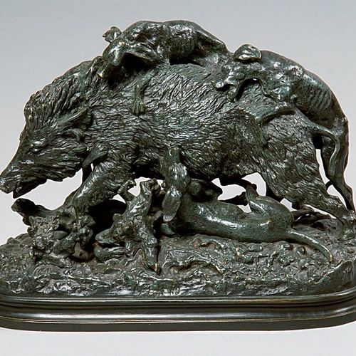 Christophe FRATIN (1801-1864) Sanglier attaqué par des chiens. Groupe en bronze &hellip;