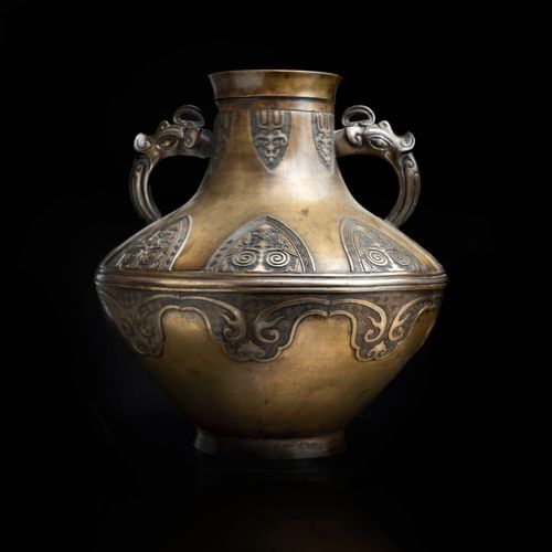 GRANDE VASO IN BRONZO LARGE BRONZE VASELarge bronze vase of archaic form with zo&hellip;