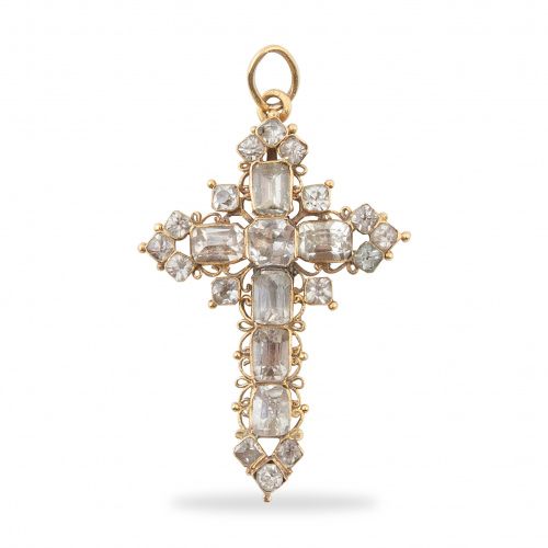 Cruz colgante S. XVIII-XIX con cristales de roca tallados y marco en filigrana 1&hellip;