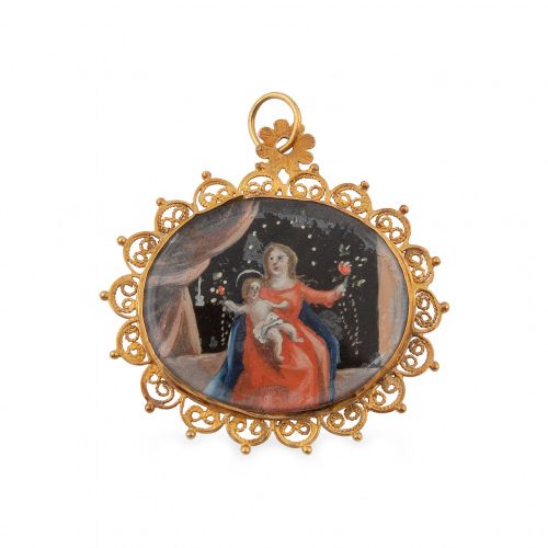 Relicario colgante S. XVIII con miniaturas pintadas sobre cristal y marco de fil&hellip;