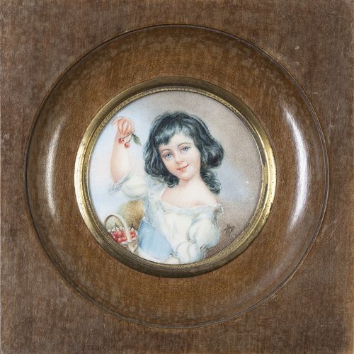 ESCUELA INGLESA, H. 1900 Niña con cesta de cerezas Miniatura. 6,5 cm (diametro).
