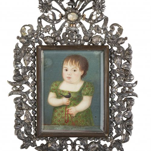 Colgante con miniatura de niña con pájaro, ffs. S. XVIII-pps. S. XIX con marco d&hellip;