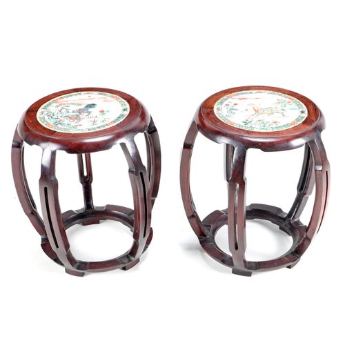 A PAIR OF STOOLS A PAIR OF STOOLS Tamarind, with Chinese porcelain applied plaqu&hellip;