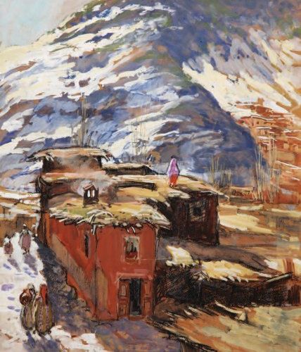 Henri Jean PONTOY (1888-1968) Village sous la neige dans l'Atlas Aquarelle, goua&hellip;