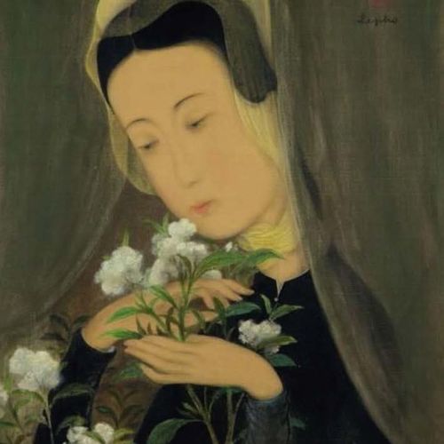 Lê Phổ (1907 2001) Jeune femme au lotus et à l'éventail Encre et couleurs sur so&hellip;
