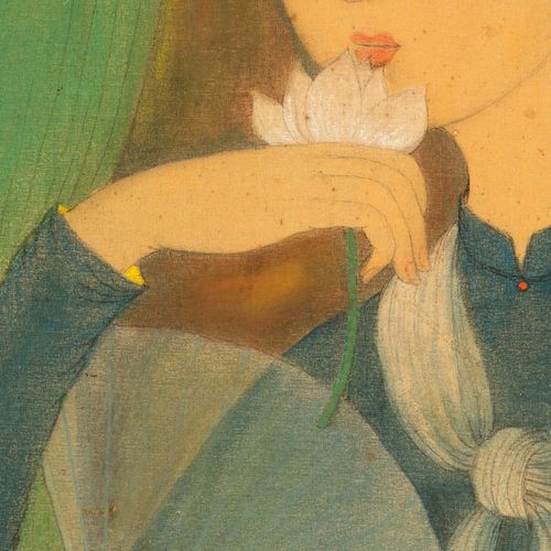 Lê Phổ (1907 2001) Jeune femme au lotus et à l'éventail Encre et couleurs sur so&hellip;