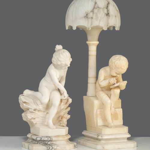 Two Carrara marble and alabaster sculptures/lamps of a girl and a boy, H 45 - 68&hellip;