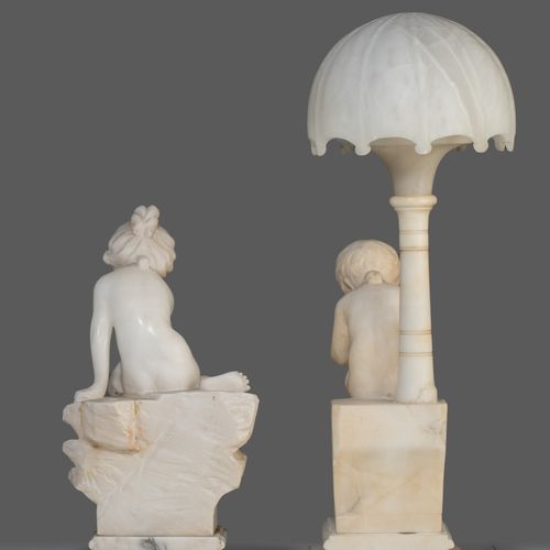 Two Carrara marble and alabaster sculptures/lamps of a girl and a boy, H 45 - 68&hellip;