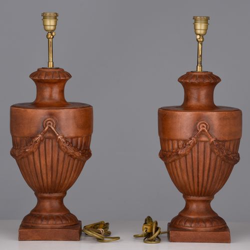 Two pair of decorative Neoclassical table lamps, terracotta and wood, H 71 - 82 &hellip;