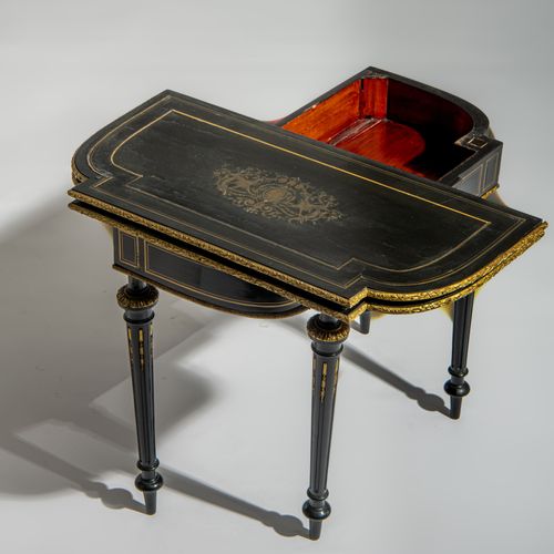 A Napoleon III ebonised fold-over games table, H 72 - 74 - W 87 - D 43 - 87 cm M&hellip;