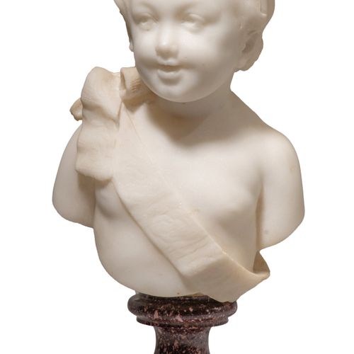 The bust of a putto, Carrara marble on a porphyry base, H 24 cm Le buste d'un pu&hellip;