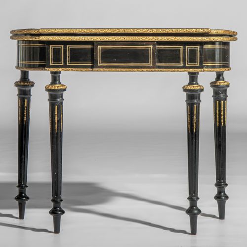 A Napoleon III ebonised fold-over games table, H 72 - 74 - W 87 - D 43 - 87 cm T&hellip;