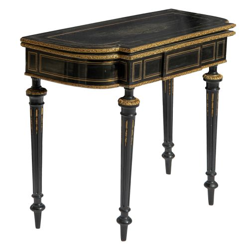 A Napoleon III ebonised fold-over games table, H 72 - 74 - W 87 - D 43 - 87 cm T&hellip;