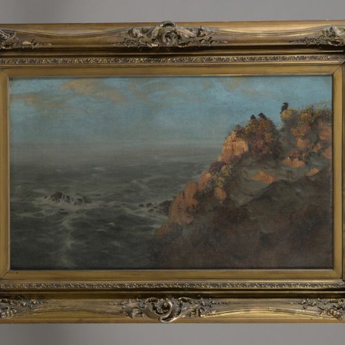 阿尔弗雷德 巴赫曼(1880 1964) 
乌鸦看海，布列塔尼 
布面油画，左下角有签名，日期为1911年，担架上有会签、标题、位置和日期。担架上：标签Gale&hellip;