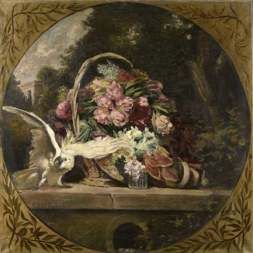Robert EUSTACHE (19 20世纪) 
凤头鹦鹉和篮子里的牡丹，在一个景观背景上 
布面油画，左下方有签名和日期11。 
126 x 125,5 &hellip;