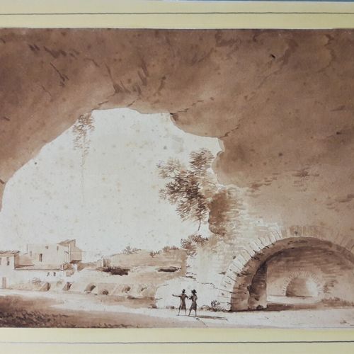 Null NICOLLE Victor Jean (1754-1826) Vue de ruines Italiennes animées. Lavis d'e&hellip;