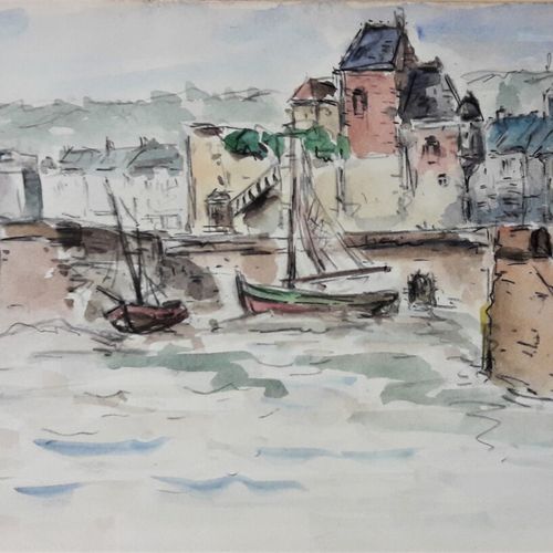 Null LEPREUX Albert (1868-1959) « Vue de Honfleur ». 1930. Aquarelle et crayon s&hellip;