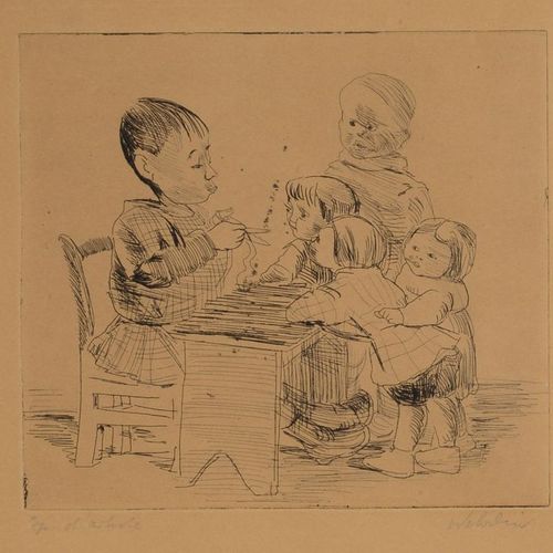 Robert WEHRLIN (1903 1964) 画廊内部 儿童游戏。 两幅蚀刻画，已签名，其中一幅编号为128/130，有缺憾。另一个注有 "ép.D'a&hellip;
