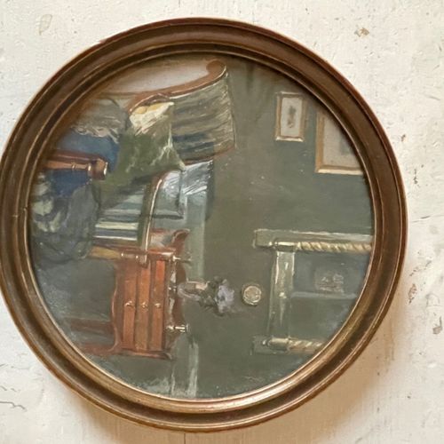 Ecole XIXe siècle : 
« Intérieur de salon » 
Gouache à vue ronde. 
Diam : 13 cm