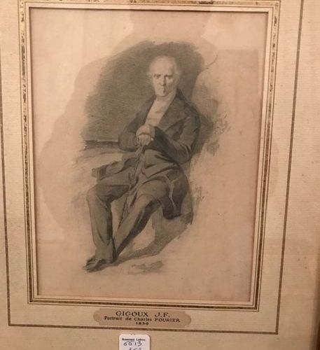 Null J.F. Gigoux (?) : "Portrait de Charles Fourier", dessin, 19 x 15 cm.