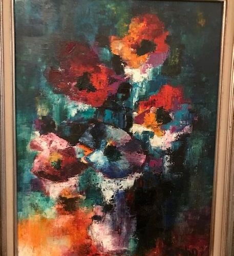 Null Michel RAQUIN, "Fleurs". Huile sur toile, 92 x 62 cm.