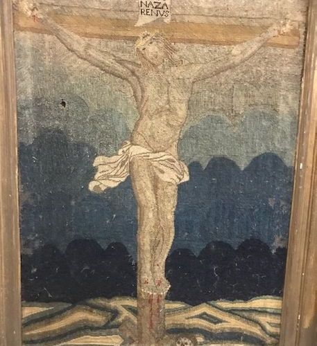 AUCUN ORDRE D'ACHAT Tapisserie encadrée, "Christ en croix", 63 x 45 cm (accident&hellip;