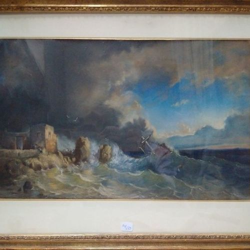 Null ECOLE du XIXe siècle.

"Scèbe de tempête près des côtes"

Pastel.

30,5 x 4&hellip;