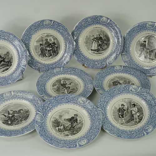 Null 以狩猎为主题的一套9个KG LUNEVILLE甜品盘

署名 "KG半瓷器，法国卢内维尔"。

1920年左右。

直径：20厘米