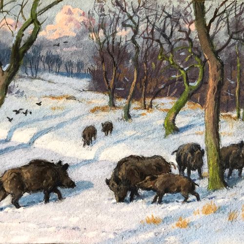 Null Georges Fréderic ROTÏG (1873-1961) "Gesellschaft von Wildschweinen im Schne&hellip;